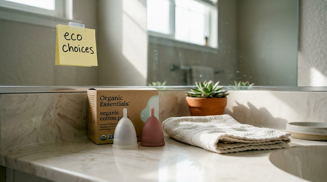 Reusable period cups and organic cotton pads on bathroom counter