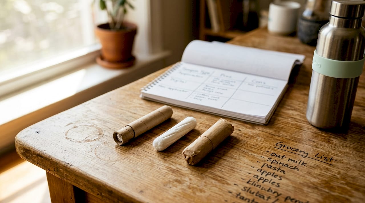 Different eco-friendly tampon types on kitchen table