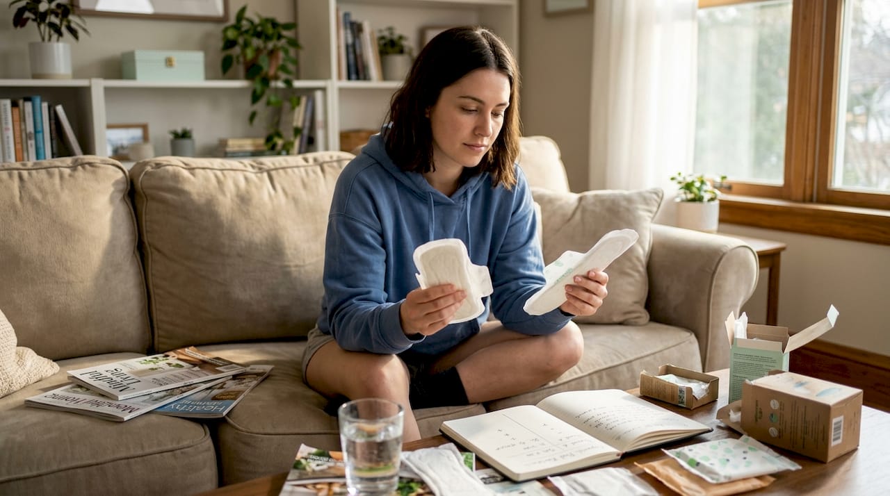 Person comparing brands of organic pads