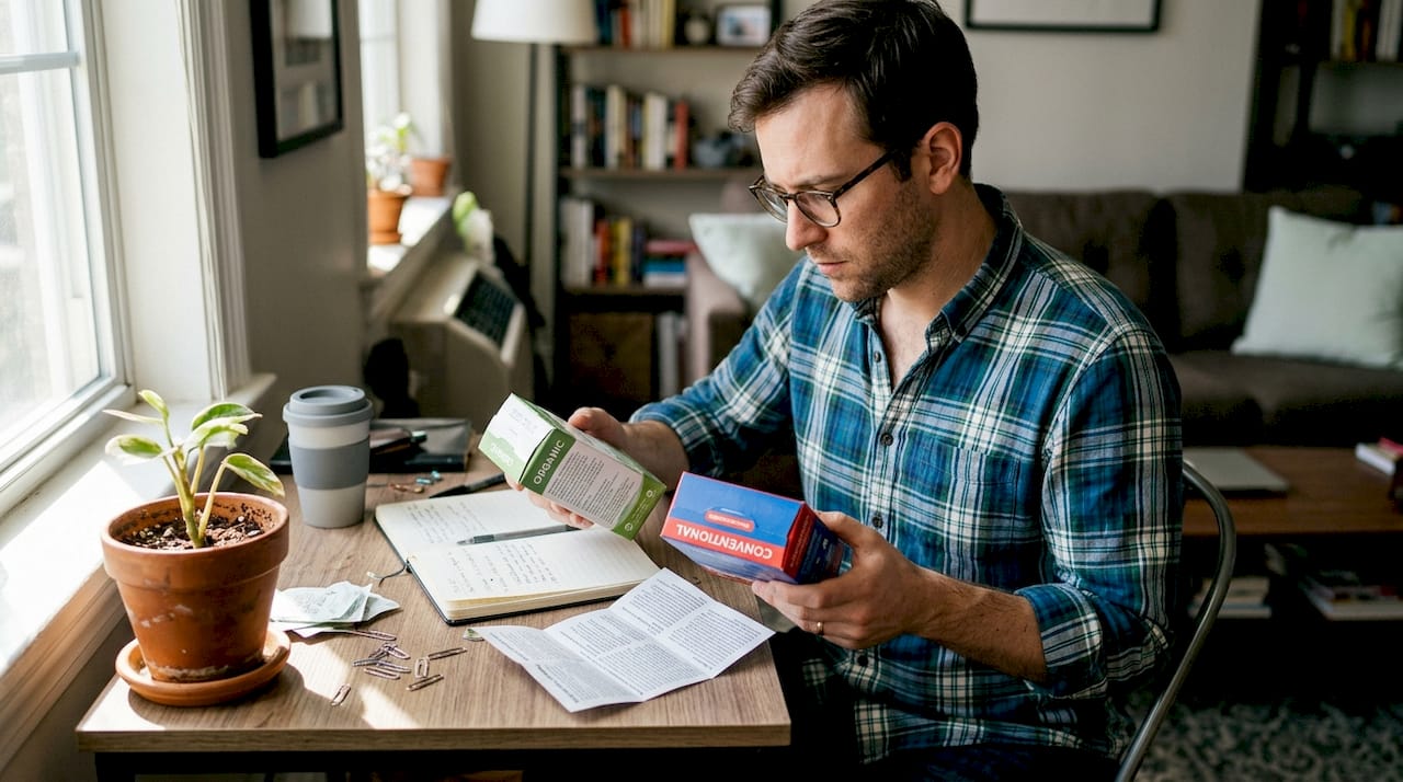 Man comparing organic and conventional product boxes