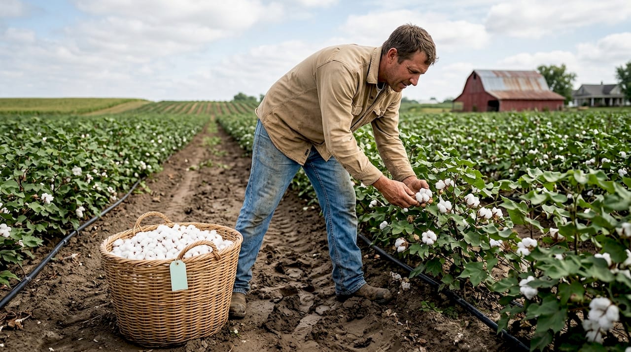 Farmworker inspecting organic cotton for eco products