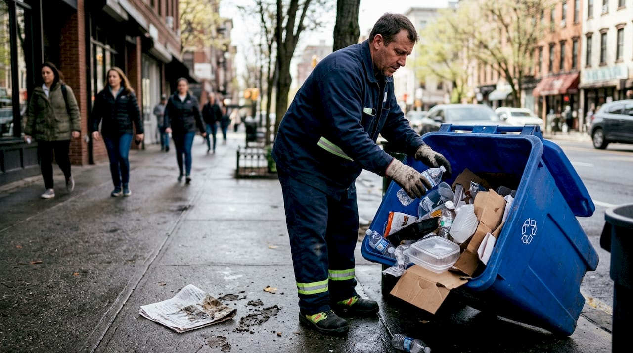 Worker sorting menstrual product waste city street