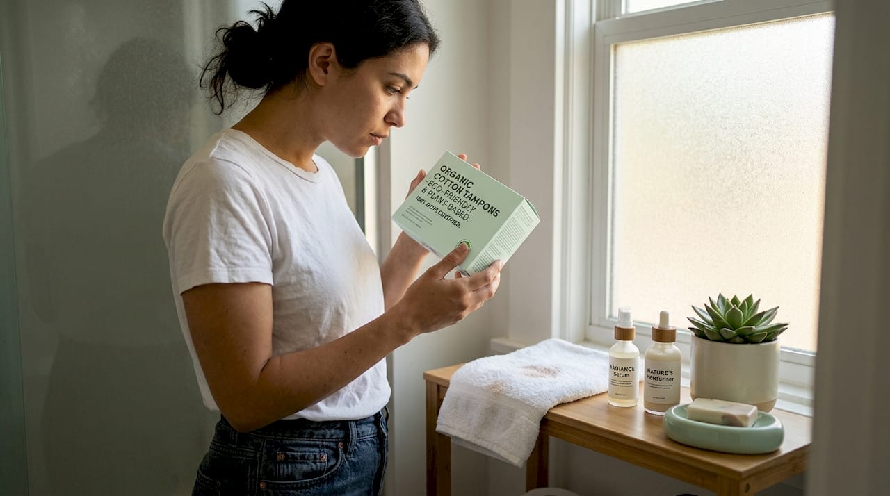 Woman inspecting organic tampon label in bathroom