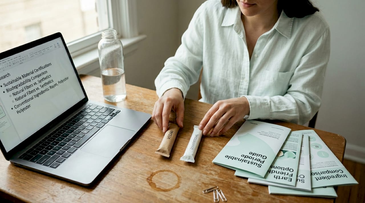 Desk with vegan and conventional tampons for comparison