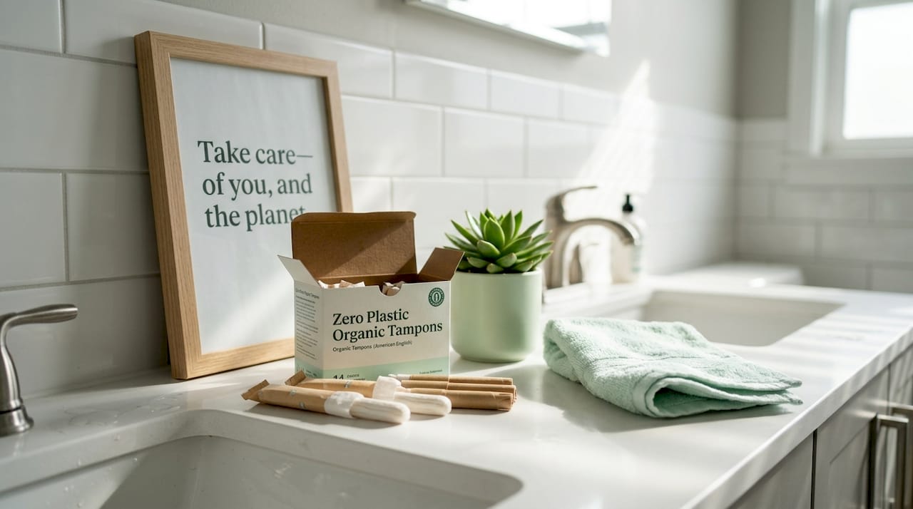 Zero plastic tampons on bathroom counter with decor