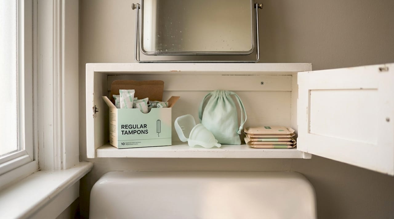 Assorted period products on small bathroom shelf