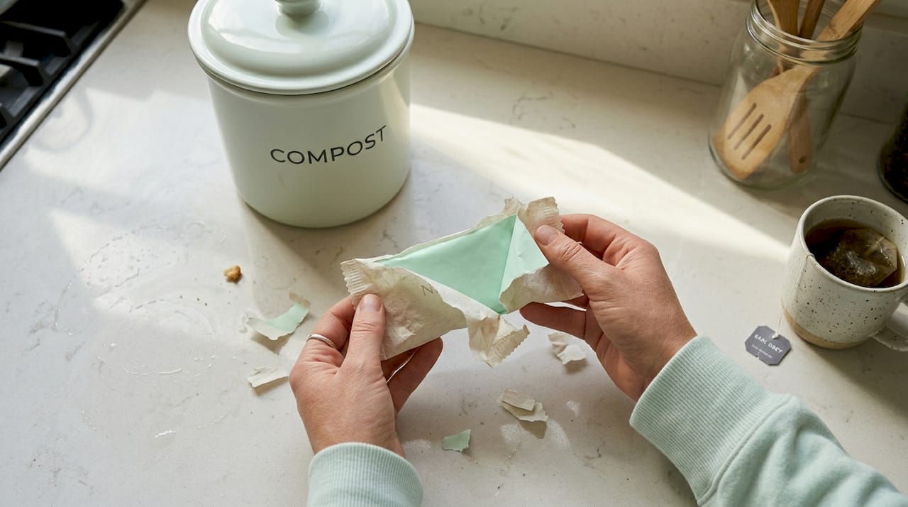 Hands disposing compostable tampon wrap in kitchen