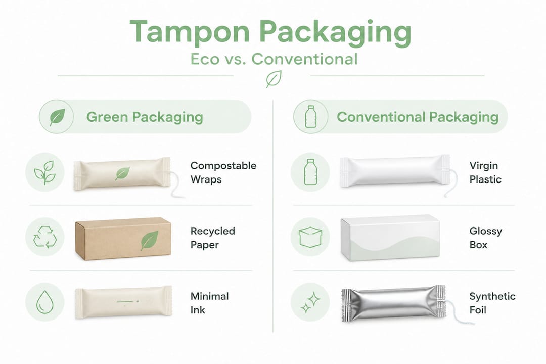 Infographic comparing eco and conventional tampon packaging