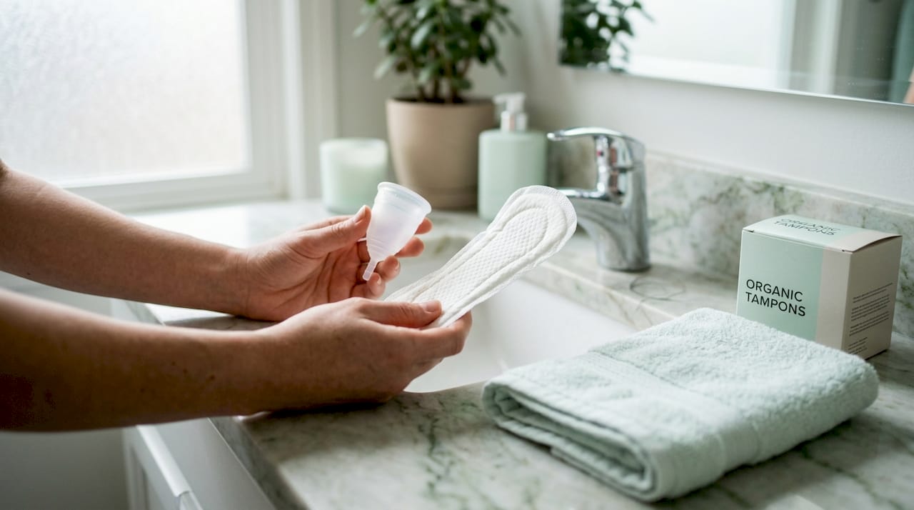 Hands comparing menstrual cup and pad options