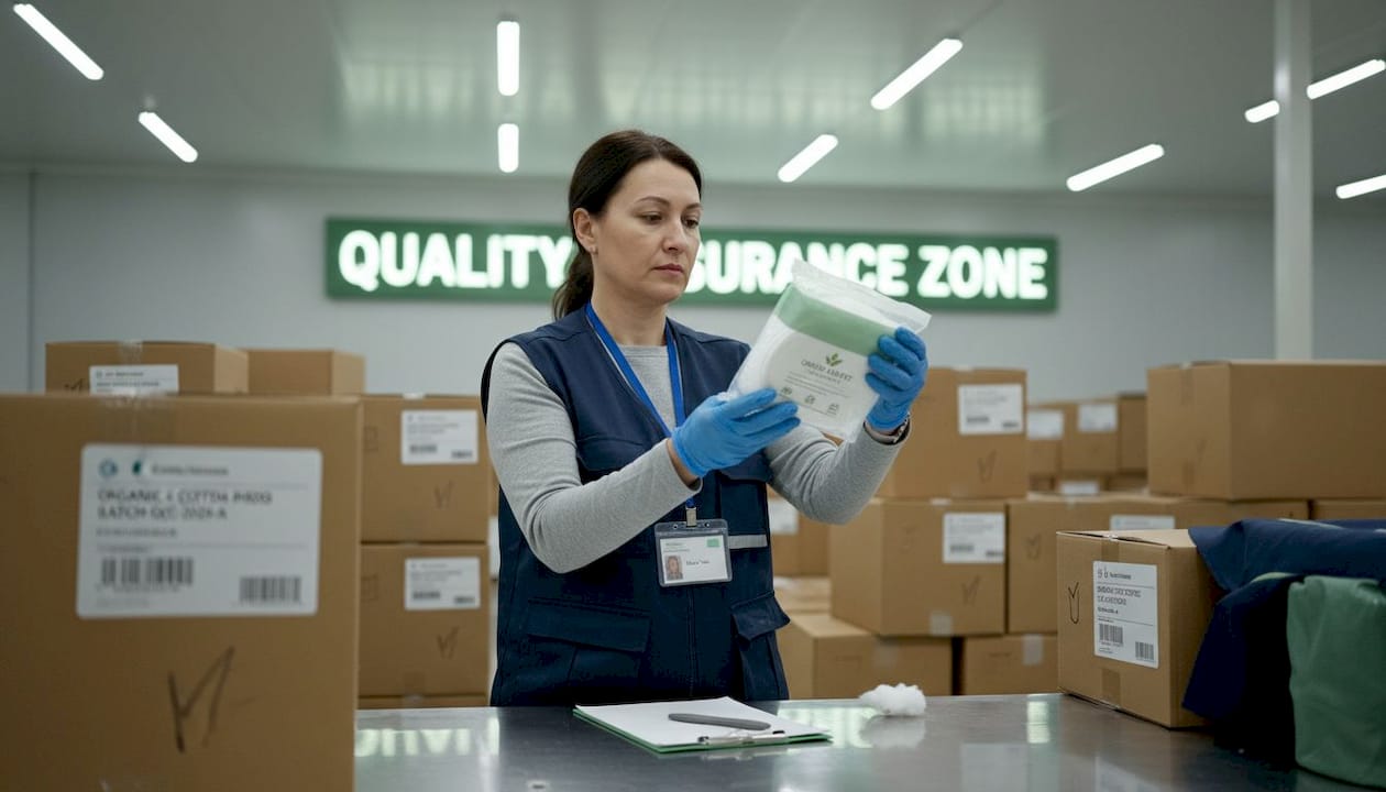 Worker inspecting organic cotton period product boxes