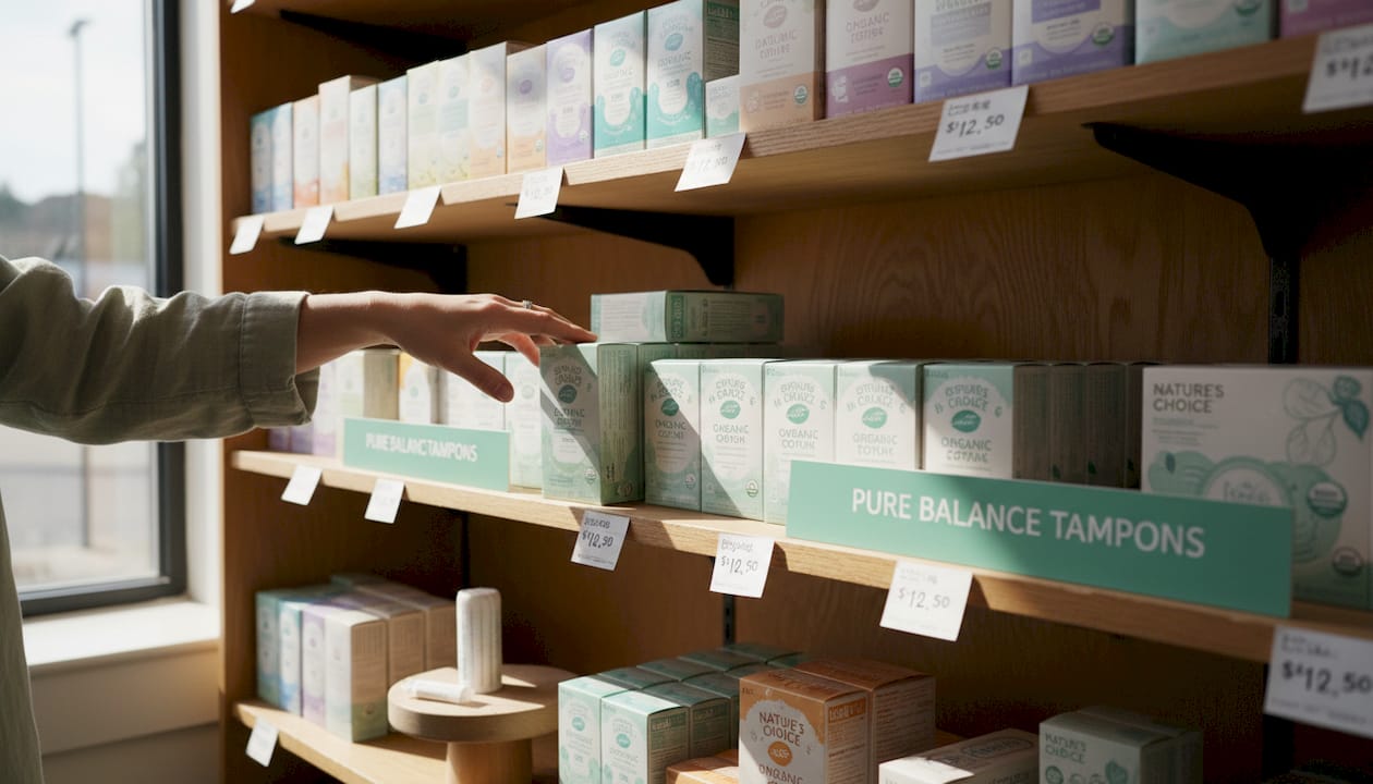 Pharmacy shelf with different tampon brands