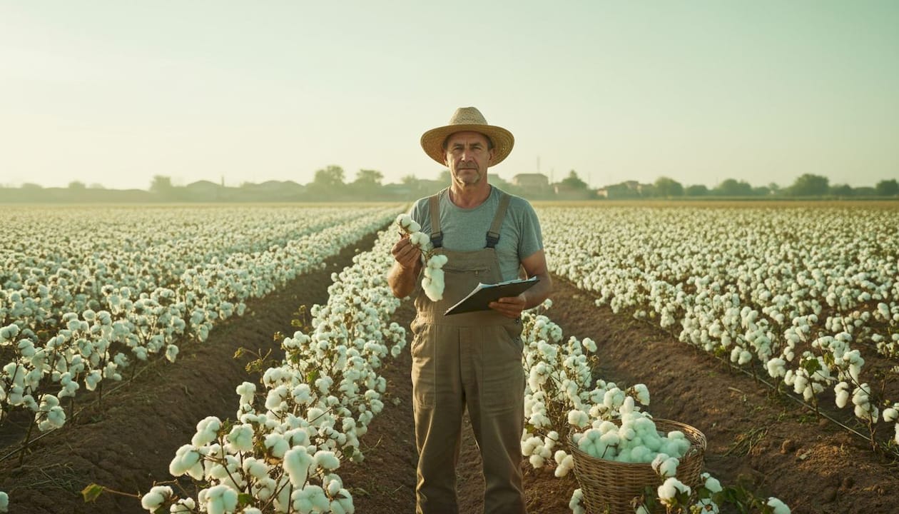 Cotton farmer holding bolls in sunlit field