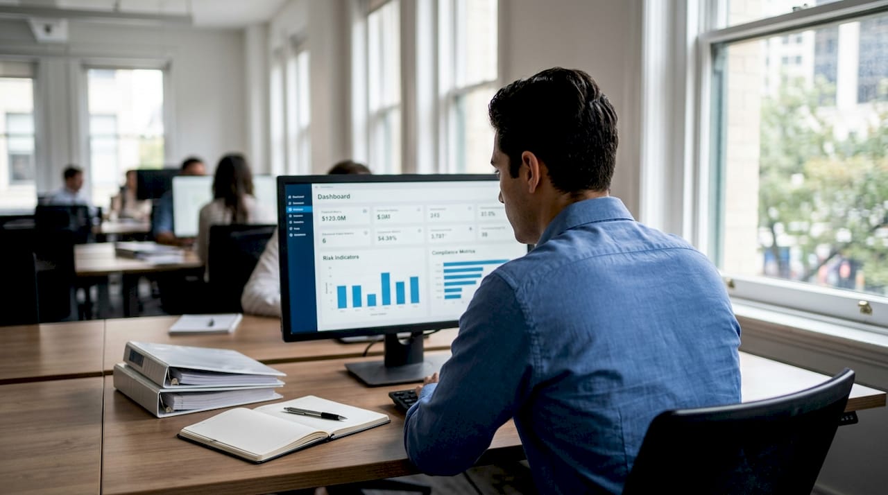 Analyst examines compliance metrics dashboard