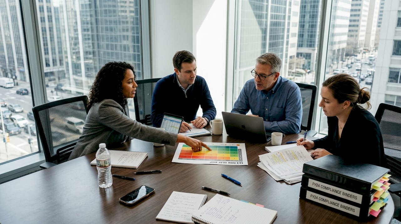 Corporate team reviewing risk analysis documents