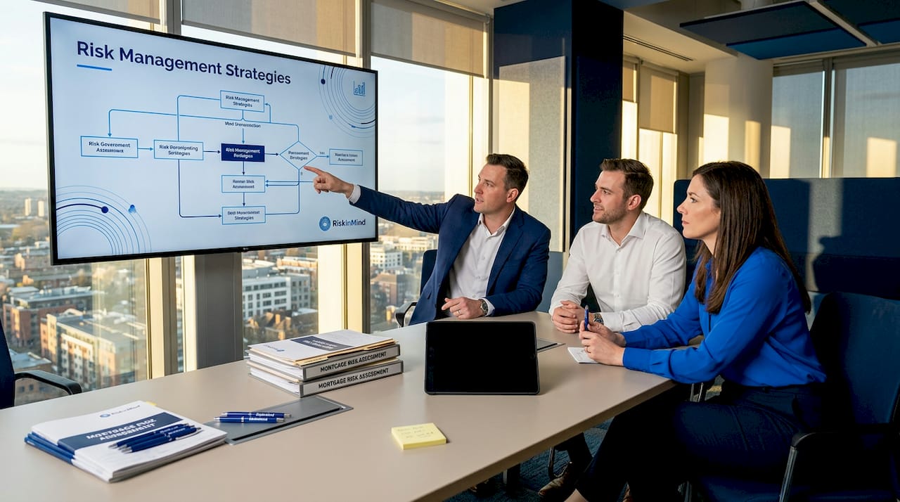 Team discussing risk controls in conference room