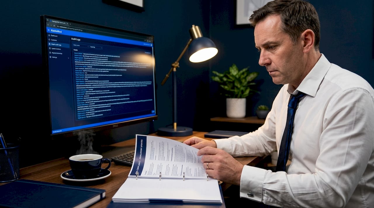 Compliance officer reviewing cryptographically signed audit logs