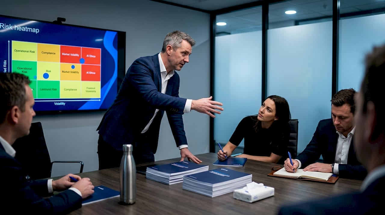 Team reviews risk heatmap in boardroom