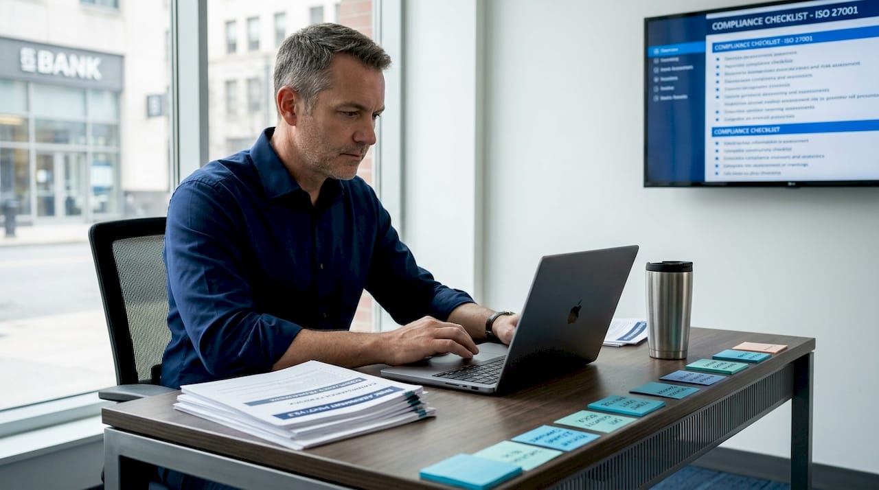 IT manager reviewing compliance risks on laptop