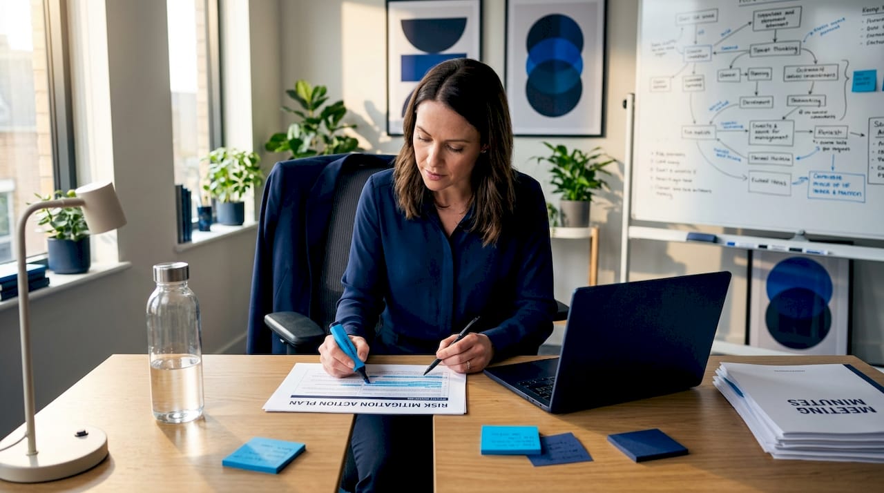 Risk manager updating mitigation plan in boardroom