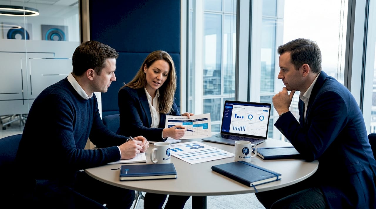 Financial team discussing risk assessment reports
