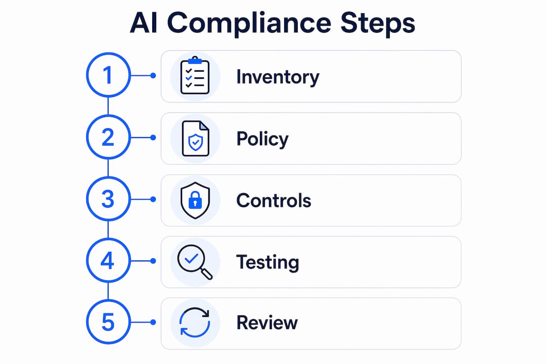 Infographic depicting AI compliance checklist steps in vertical flow