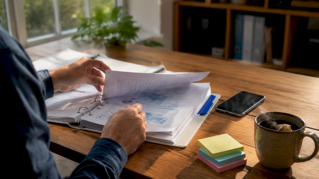 Hands flipping through IT risk assessment binder