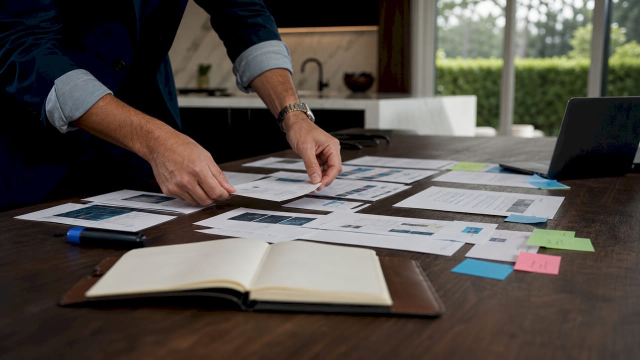 Hands sorting compliance evidence documents on table