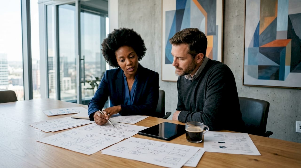 Compliance officer and IT specialist discussing workflow