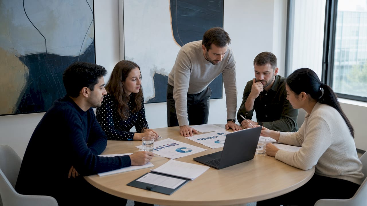 Team discussing portfolio risk metrics at meeting table
