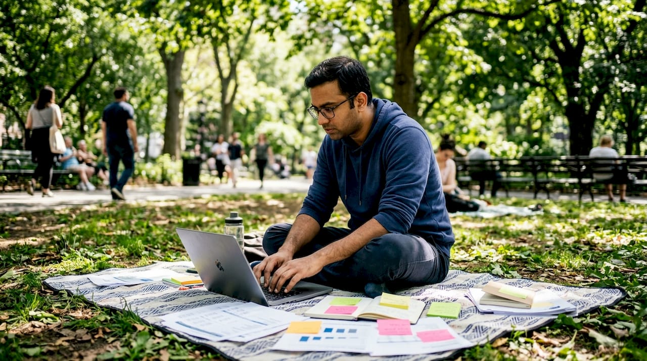 Young man working on credit score details with laptop overhead view