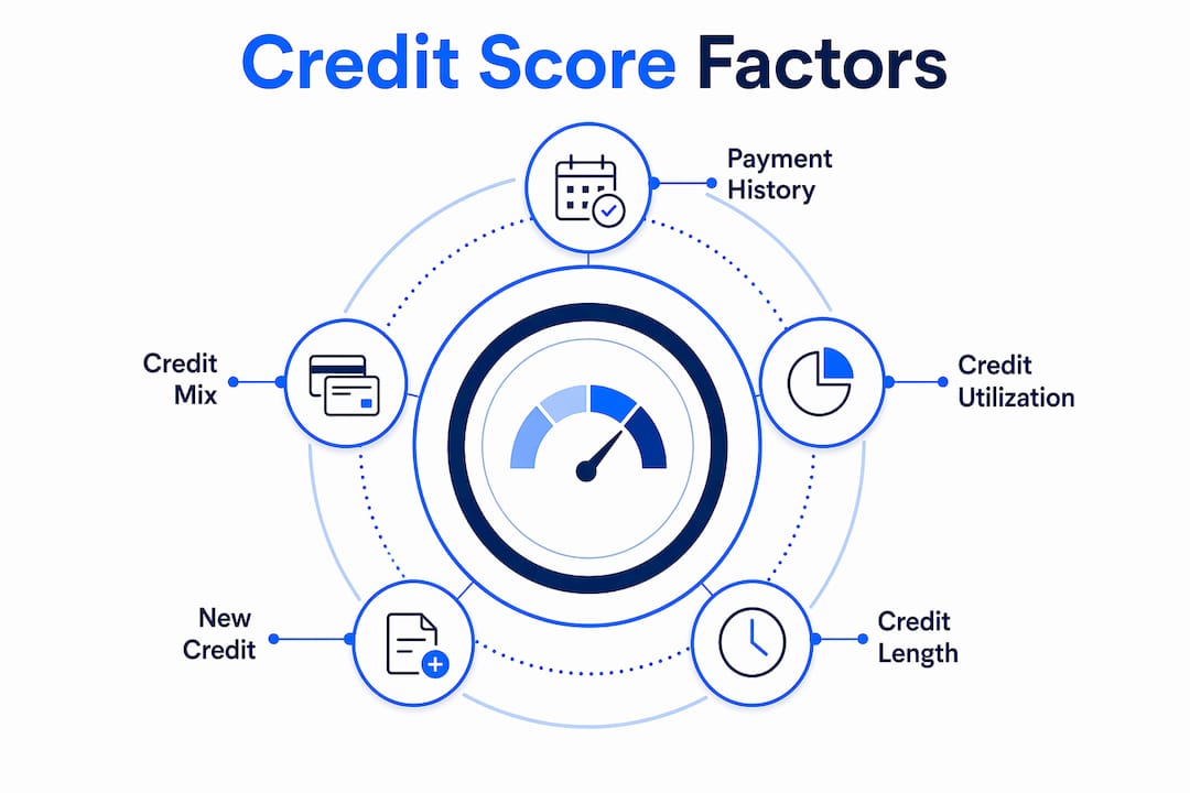 Infographic showing key credit score factors in hierarchy layout