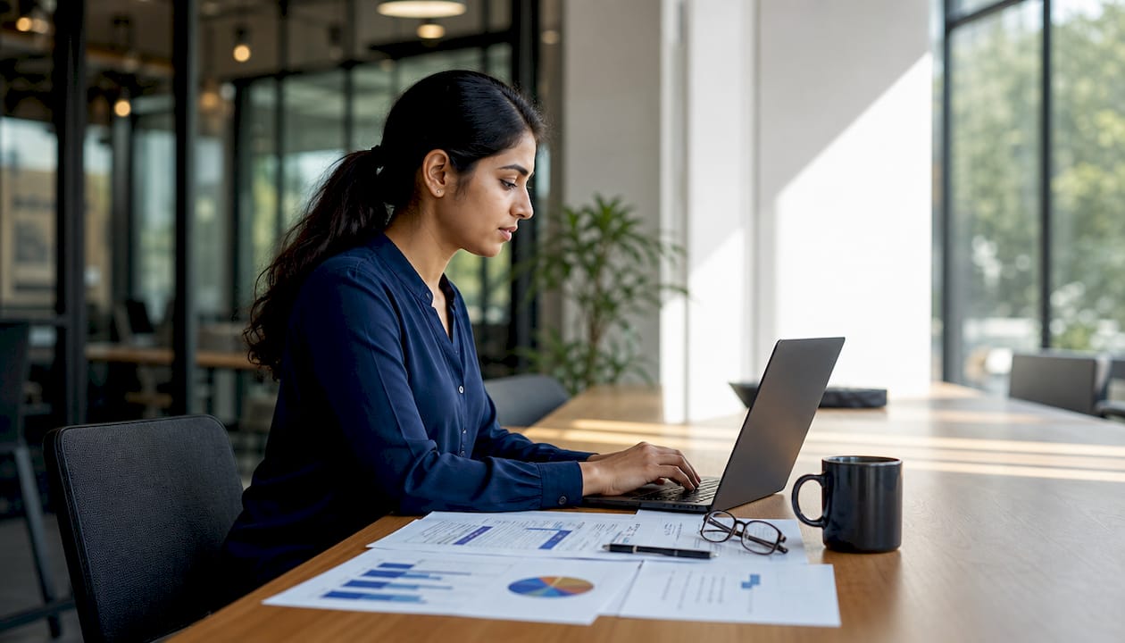 Young analyst reviewing underwriting approval on laptop