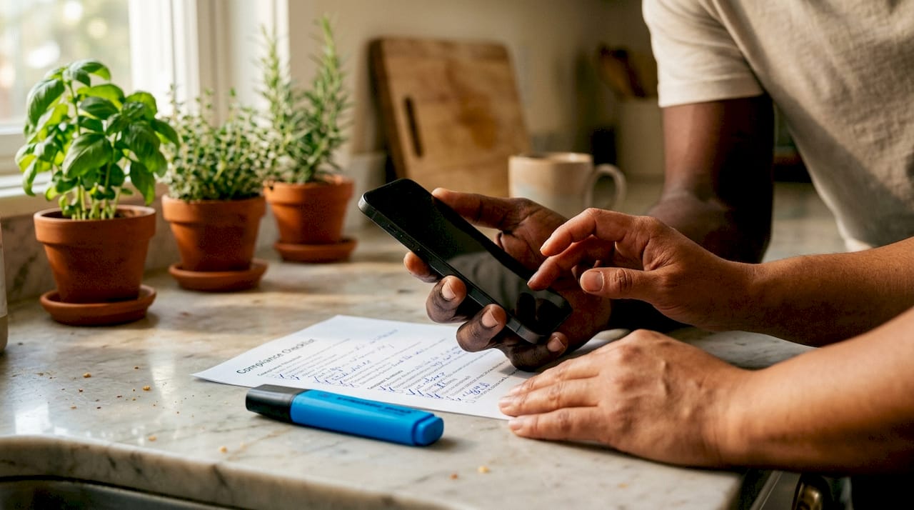 Hands interacting with mobile device and compliance checklist