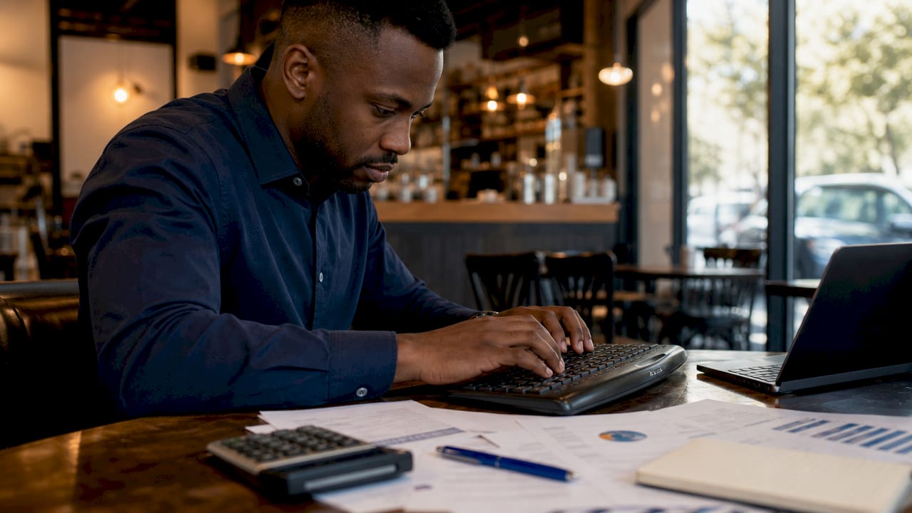Hands typing on keyboard with financial documents