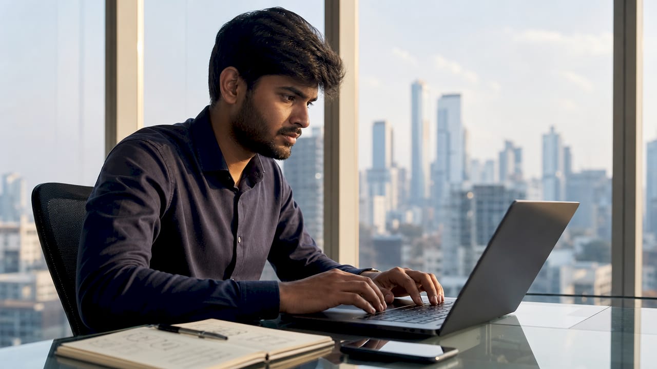 Side profile of man typing on laptop in office