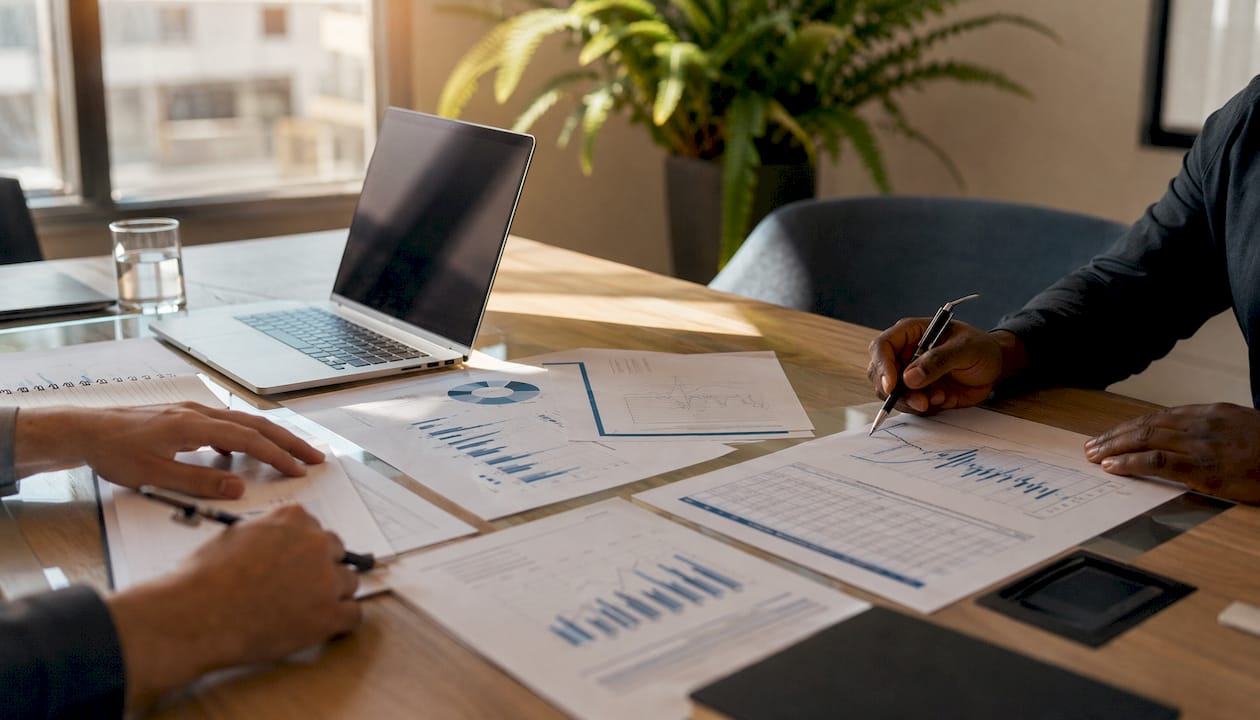 Close-up of hands typing near credit risk documents