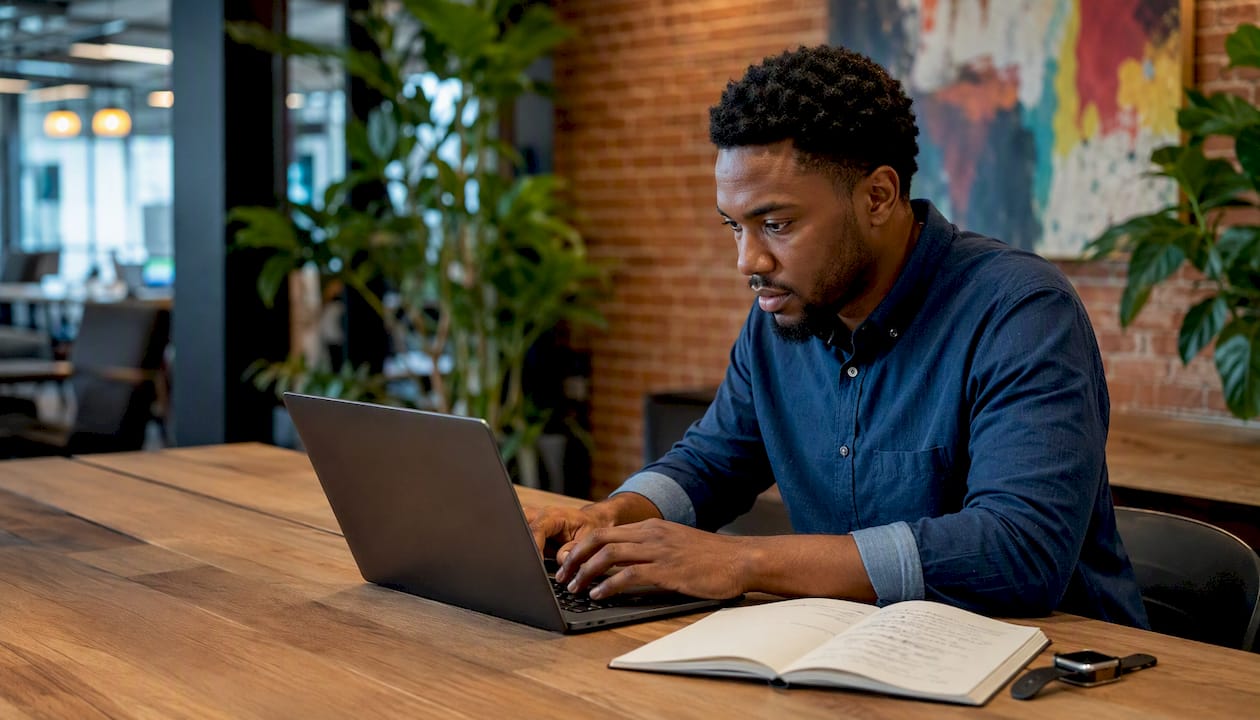 Man typing stress test data in risk management office
