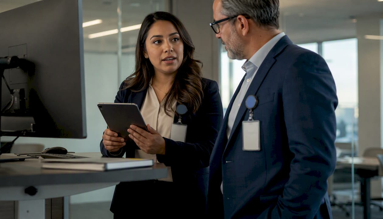 Loan officers discussing in Federal Home Loan Bank lobby