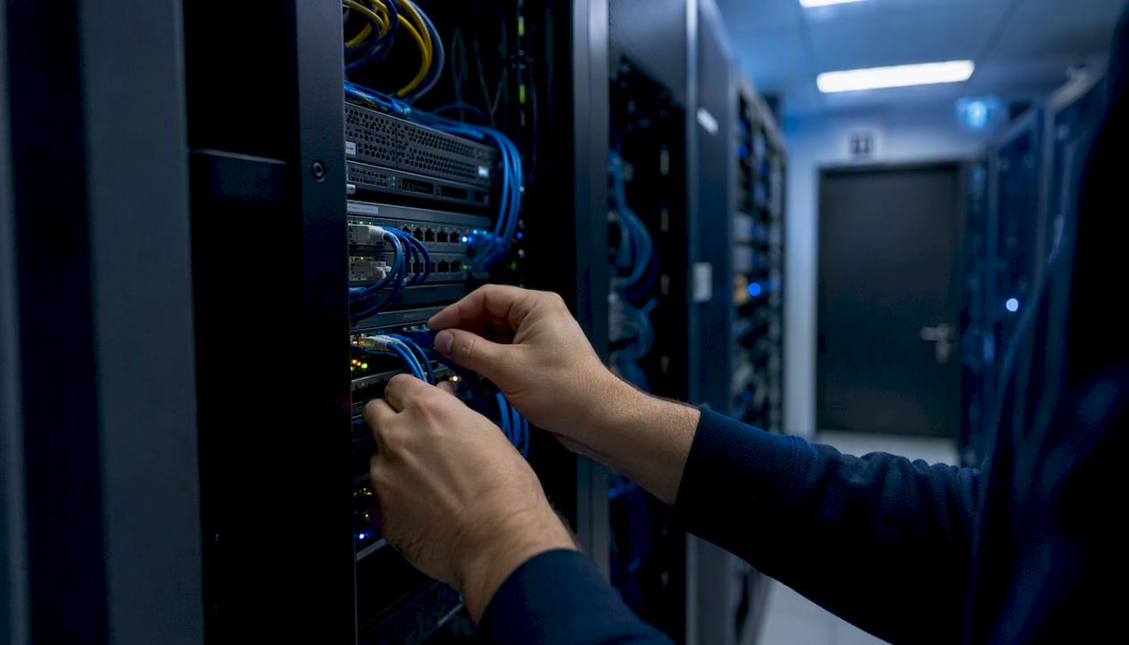 Hands connecting cables to data masking hardware
