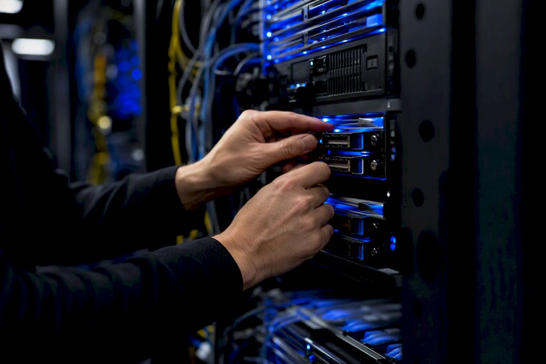Hands adjusting AI monitoring panel in data center