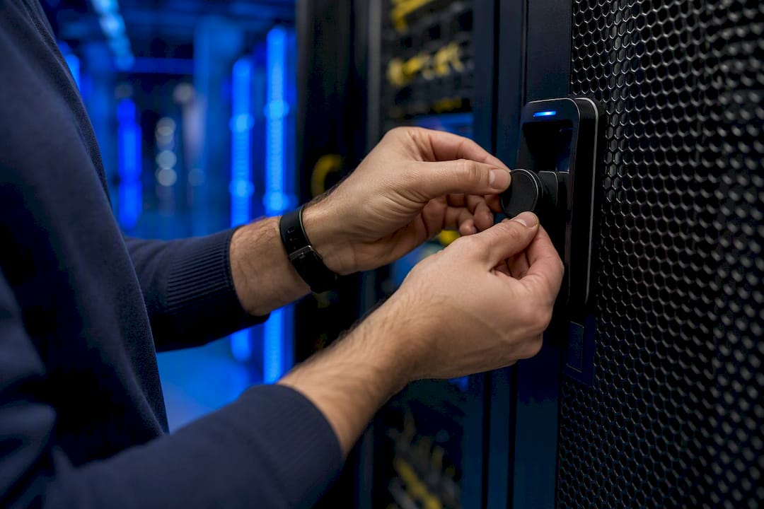Hands applying security token to server hardware