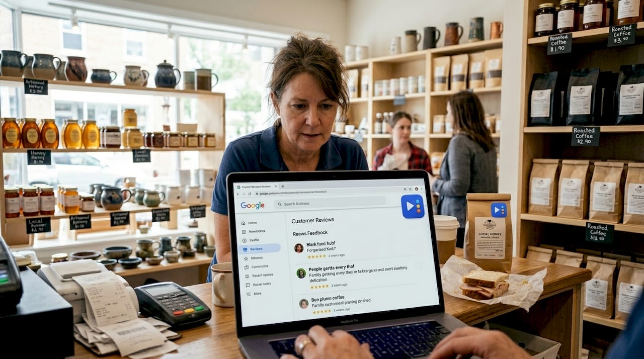 Shop owner viewing Google reviews at counter