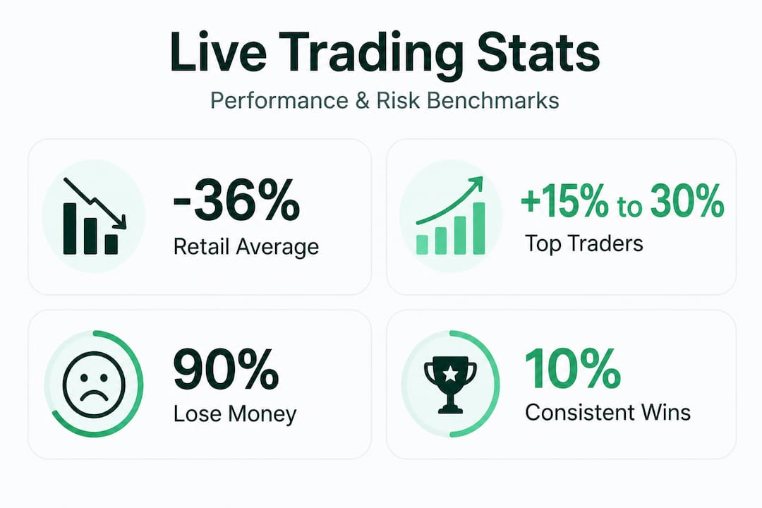 Infographic contrasting live trading risk and returns