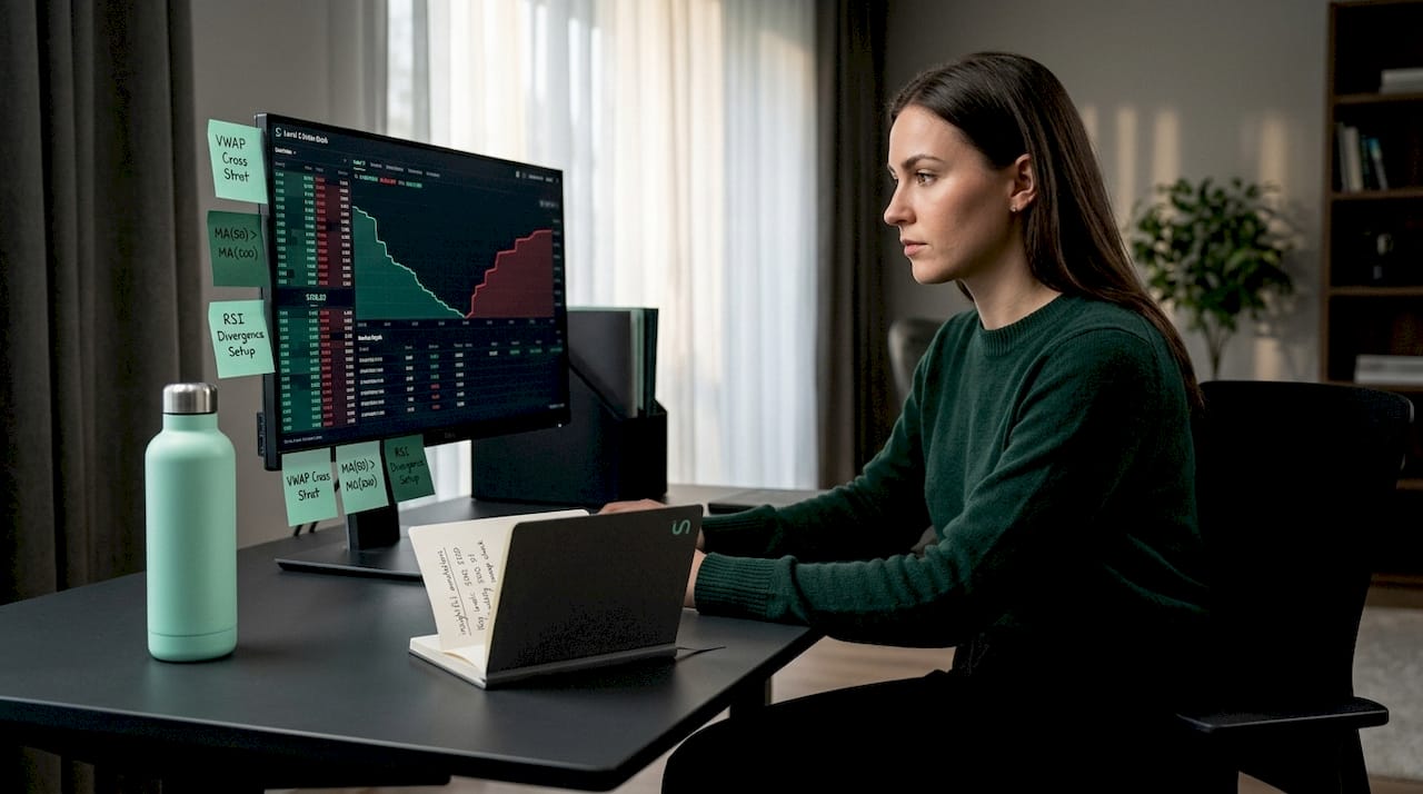 Woman analyzing market microstructure at desk