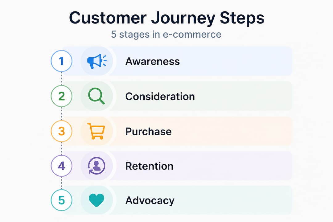 Infographic showing five stages of e-commerce customer journey
