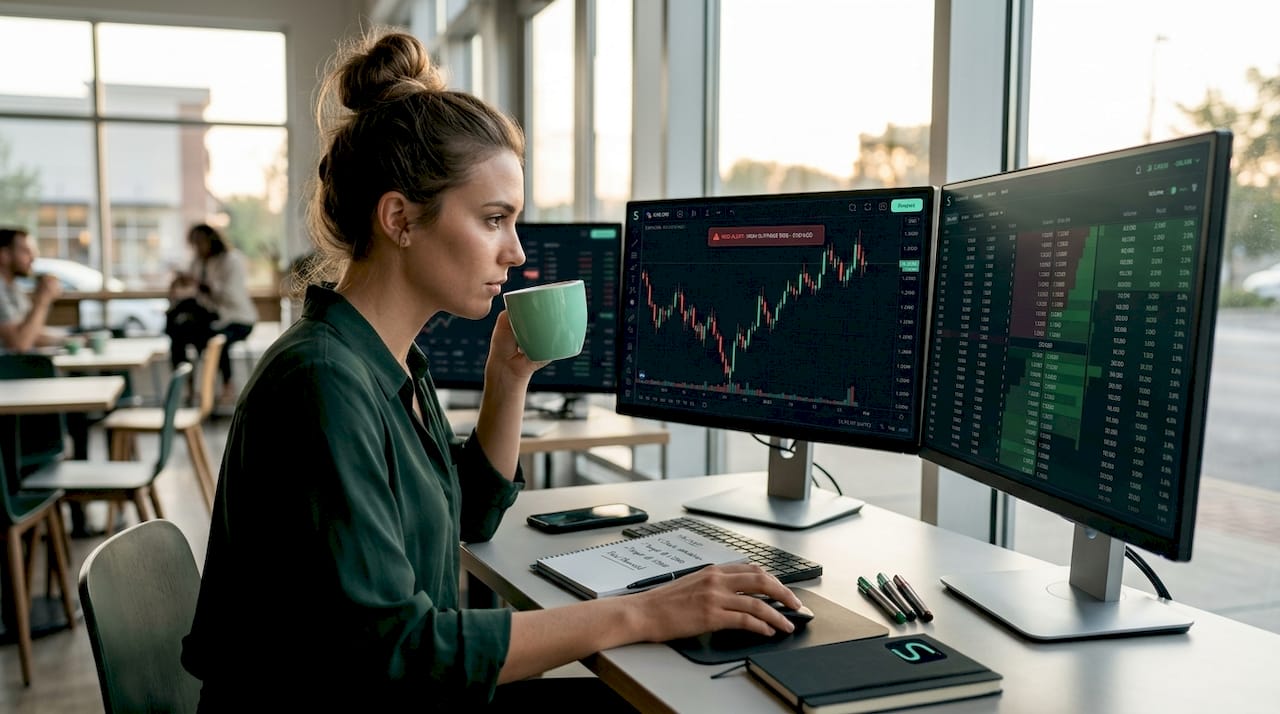 Woman trading forex during volatile market spike