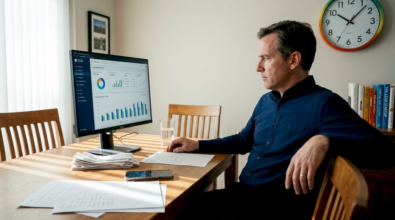 Man reviews digital business dashboard data
