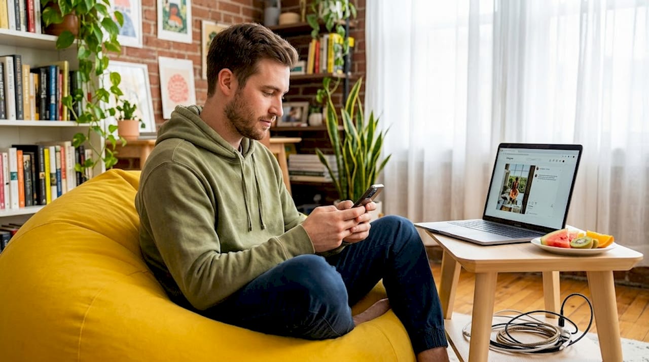 Manager drafts Instagram post on couch workspace
