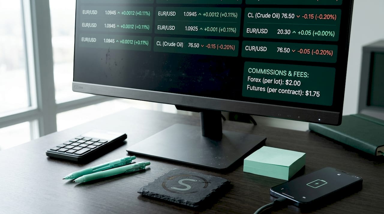 Trading monitor showing spread and commissions
