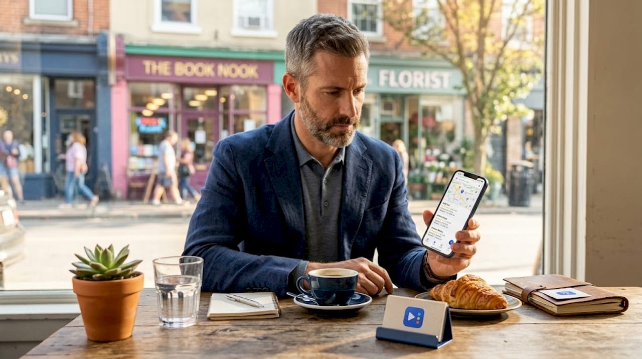 Man comparing business listings on phone at café